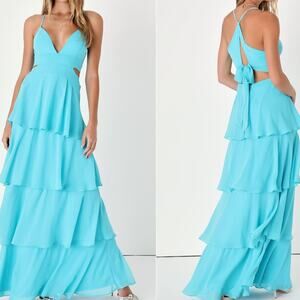 Lulus NWOT Tier and Now Blue Sash Tie-Back Tiered Plunging Cut-Out Maxi Dress